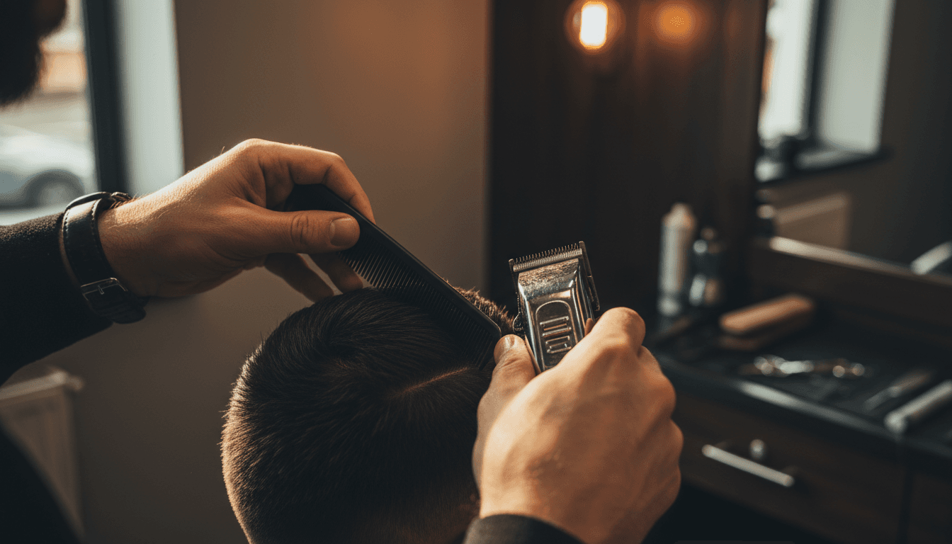 Master barber executing a precise fade with professional clippers