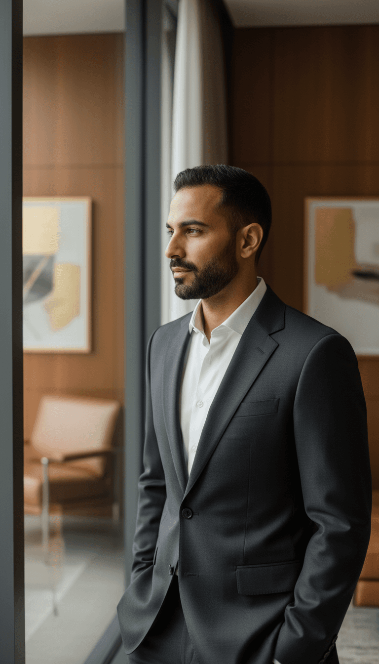 Professionally groomed male model in tailored suit near window, embodying sophisticated fragrance lifestyle aesthetic