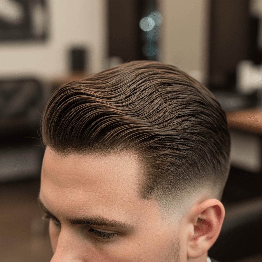 Close-up of man's precisely styled dark hair with pomade, showing definition and glossy finish