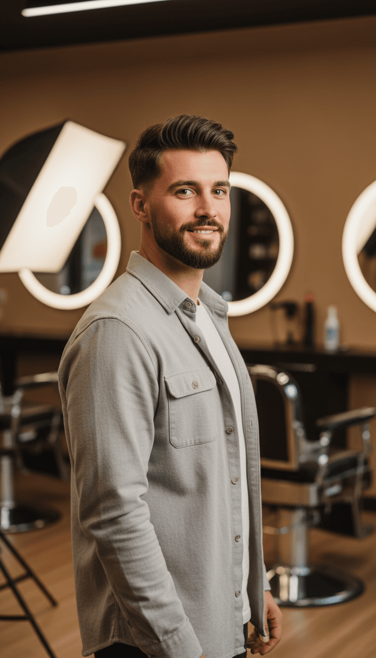 Confident male client displaying freshly styled hair and groomed beard after professional barbershop service