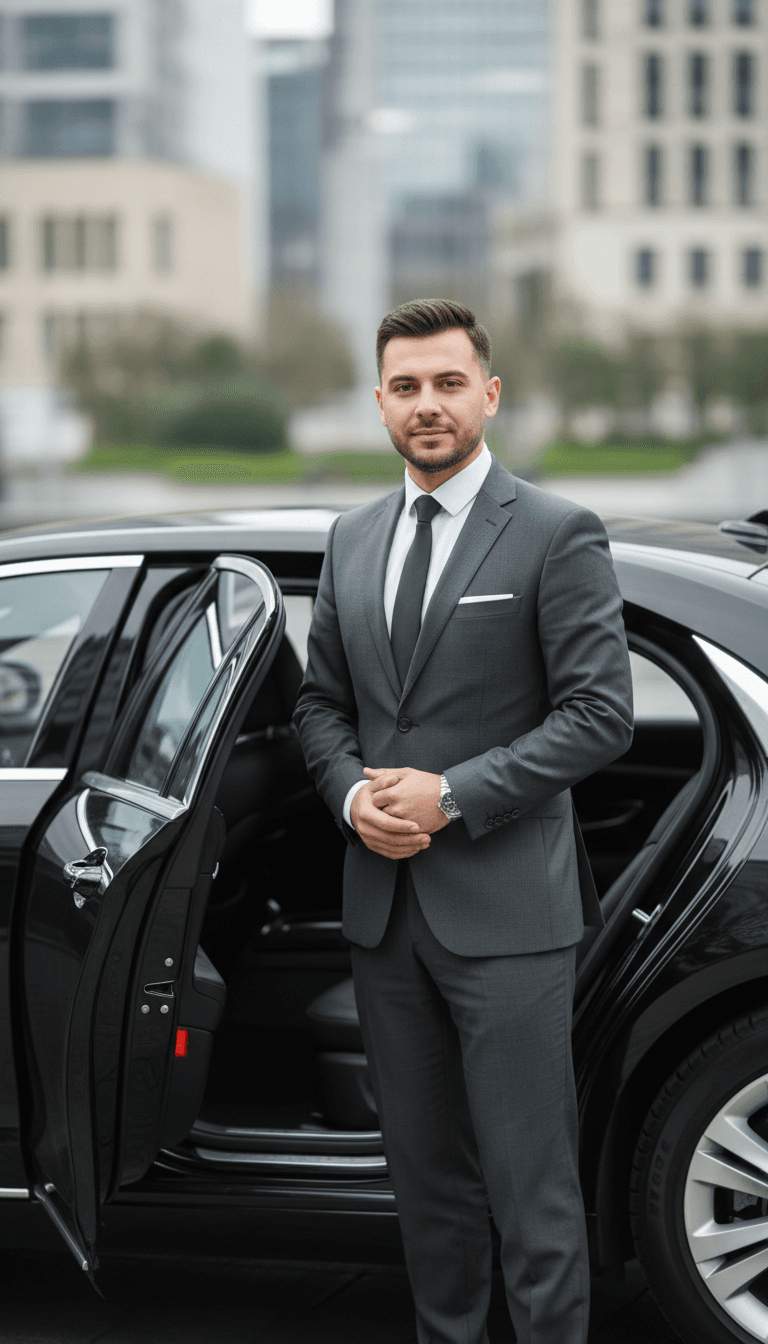 Professional chauffeur in tailored dark suit and white shirt standing confidently beside open luxury vehicle door